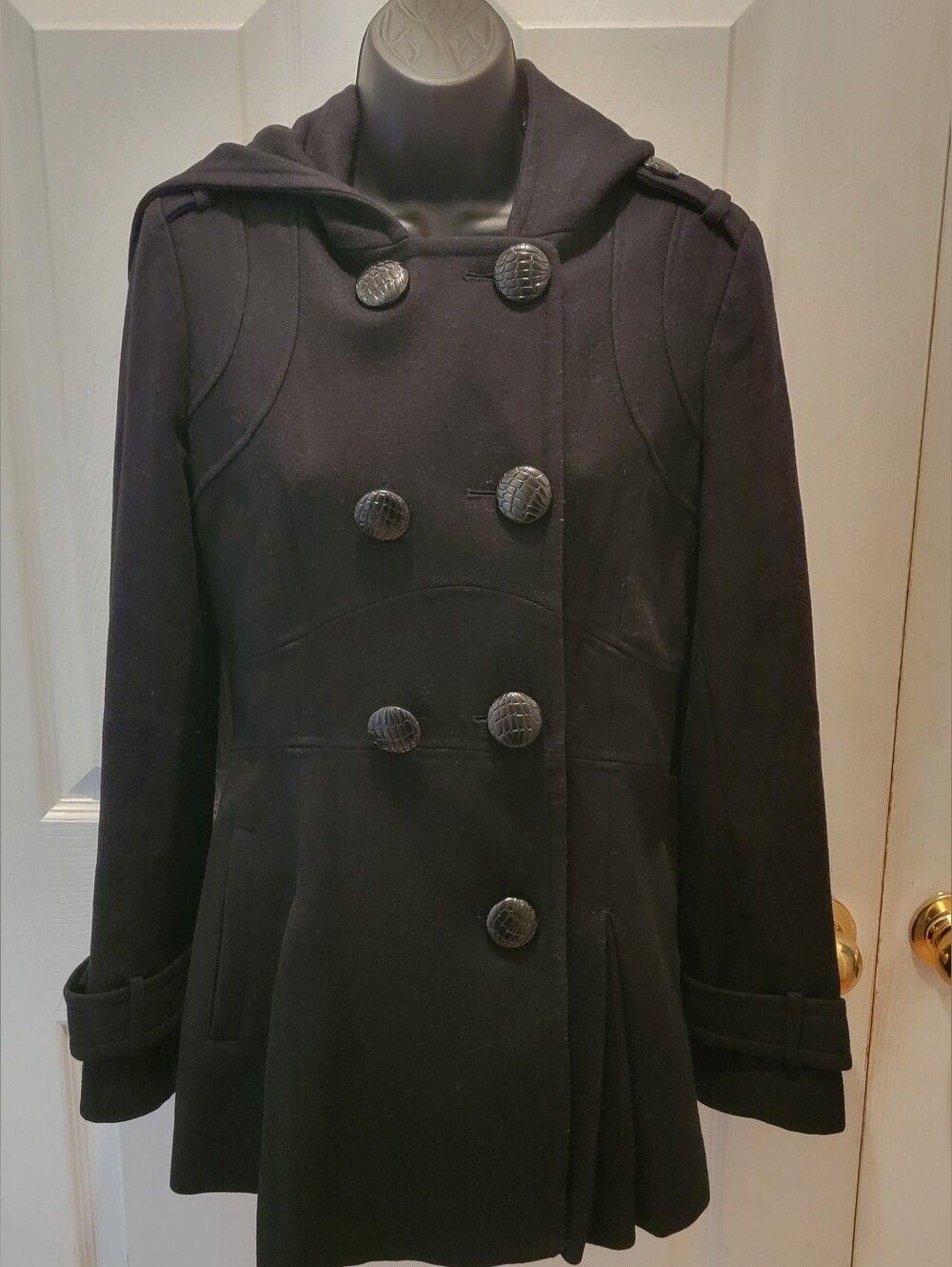 Miss Sixty Women's Black Double Breasted Wool Blend Hooded Peplum Coat, Size M